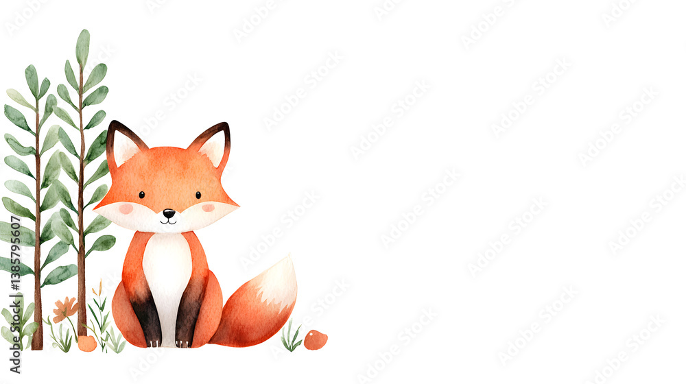 Obraz premium A watercolor cartoon frame with cute fox sitting on grass with copy space for text