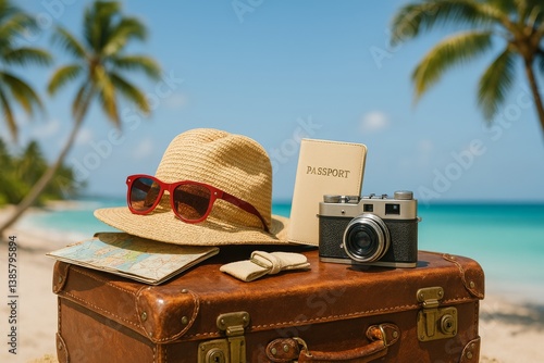 Travel Essentials on a Beach With Palm Trees and Blue Water in Bright Sunlight