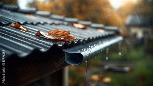 Autumn rain on corrugated metal roof