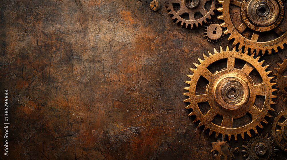 Steampunk Gears: A captivating composition of intricate brass gears, evoking a sense of vintage industrial artistry and technical precision against a textured, weathered background. Steampunk Gears: A captivating composition of intricate brass gears, evoking a sense of vintage industrial artistry and technical precision against a textured, weathered background.