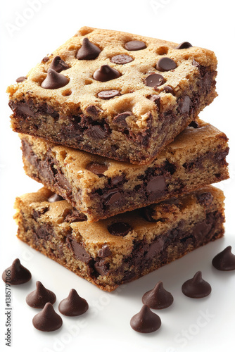 Stacked chocolate chip blondies with golden brown texture and scattered chocolate chips