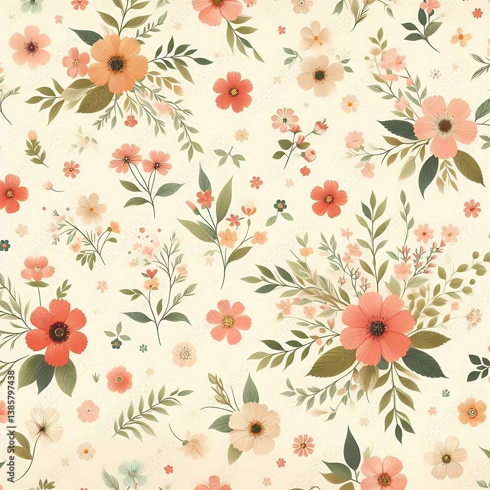 Obraz premium Vintage Floral Pattern: Seamless Flower Background, Textile Design, Delicate, Elegant, Botanical, Repeat, Wallpaper, Fabric.