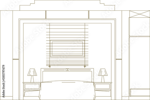 silhouette design vector illustration sketch drawing architecture section interior bedroom with modern classic vintage style bed front view