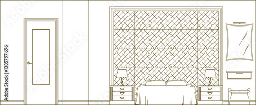silhouette design vector illustration sketch drawing architecture section interior bedroom with modern classic vintage style bed front view 
