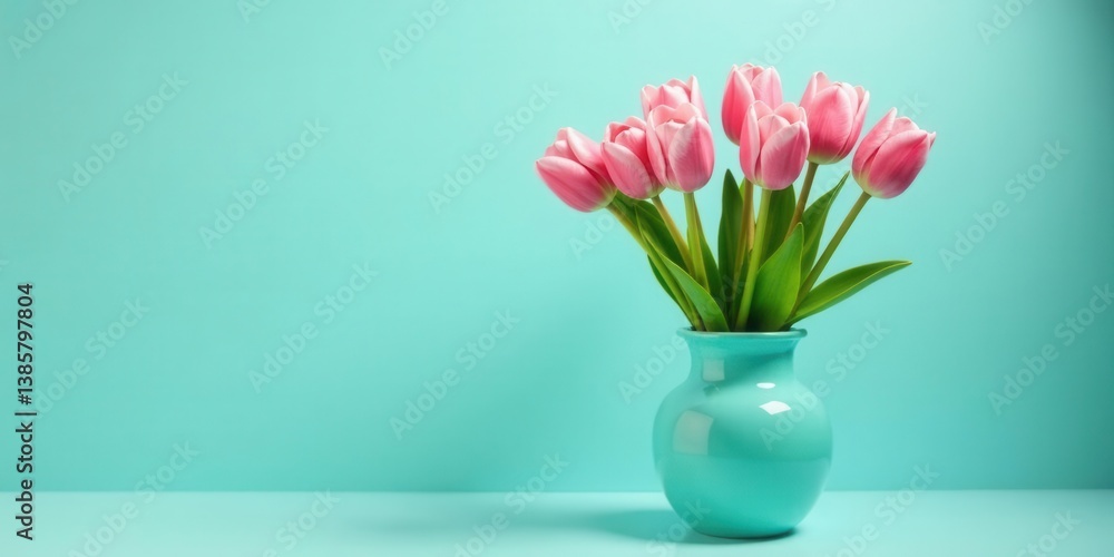 Obraz premium A Delicate Bouquet of Pink Tulips in a Teal Vase Against a Light Aqua Background