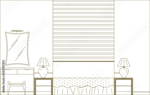 silhouette design vector illustration sketch drawing architecture section interior bedroom with modern classic vintage style bed front view