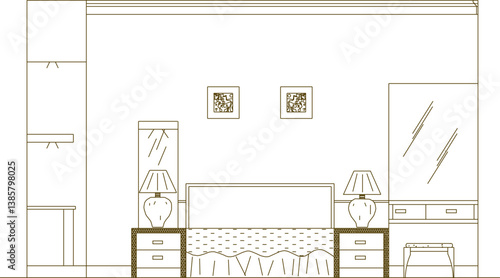 silhouette design vector illustration sketch drawing of interior architecture of bedroom with modern classic vintage style bed front view