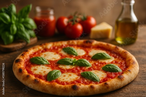 Freshly Baked Margherita Pizza With Basil and Tomatoes Set on Rustic Wooden T...