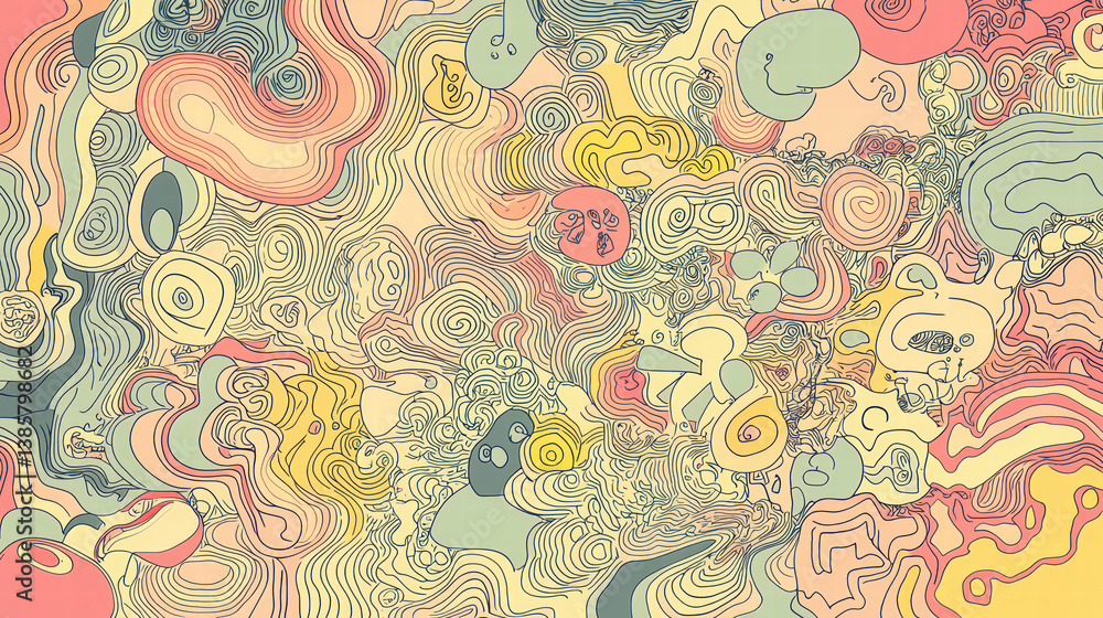 Naklejka premium Whimsical Psychedelic World: An artistic, swirling kaleidoscope of vibrant colors and intricate forms, forming a dreamlike and mesmerizing abstract composition that sparks the imagination.