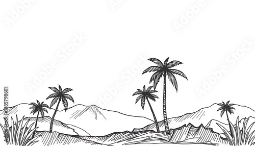 Monochrome palm trees landscape with distant mountains and grass sketch
