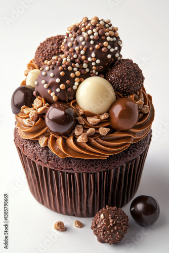 Decadent chocolate cupcake topped with truffles and sprinkles on white background