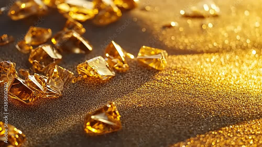 A close-up view of shimmering golden gemstones scattered on a textured surface with soft lighting A close-up view of shimmering golden gemstones scattered on a textured surface with soft lighting