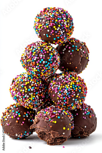 Chocolate truffles stacked with colorful sprinkles, creating vibrant and sweet display