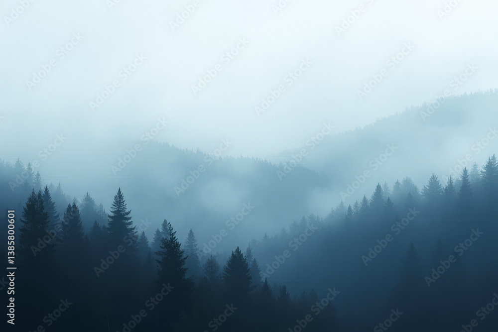 The image shows a foggy forest with trees in the foreground and mountains in the background. The trees are shrouded in a thick fog
