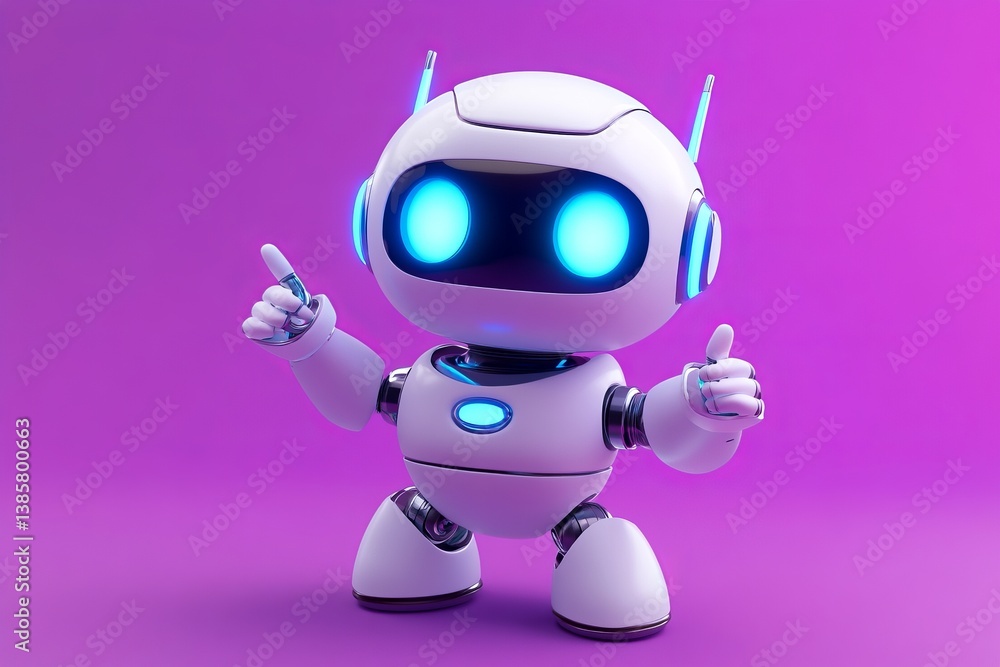Playful robot pointing on purple background Playful robot pointing on purple background