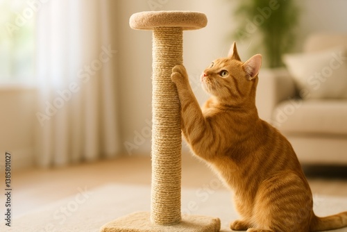 Orange Cat Scratching a Post in a Cozy Living Room During Daylight Hours