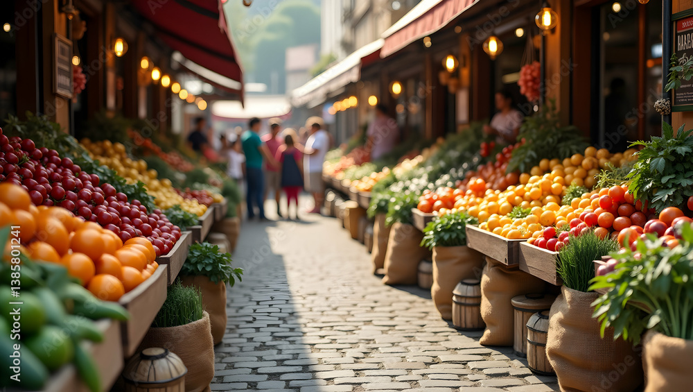 Fototapeta premium A Lively European Fruit Market Scene, Cobblestone Streets, Bustling Crowds, and Abundant Displays of Fresh Produce Creating a Charming and Authentic Urban Experience
