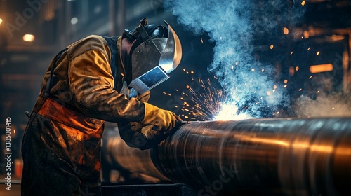 Welder in protective gear welds metal pipe with sparks in industrial setting.