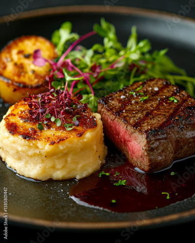 Elegant Plate of Filet Mignon with Potatoes and Greens