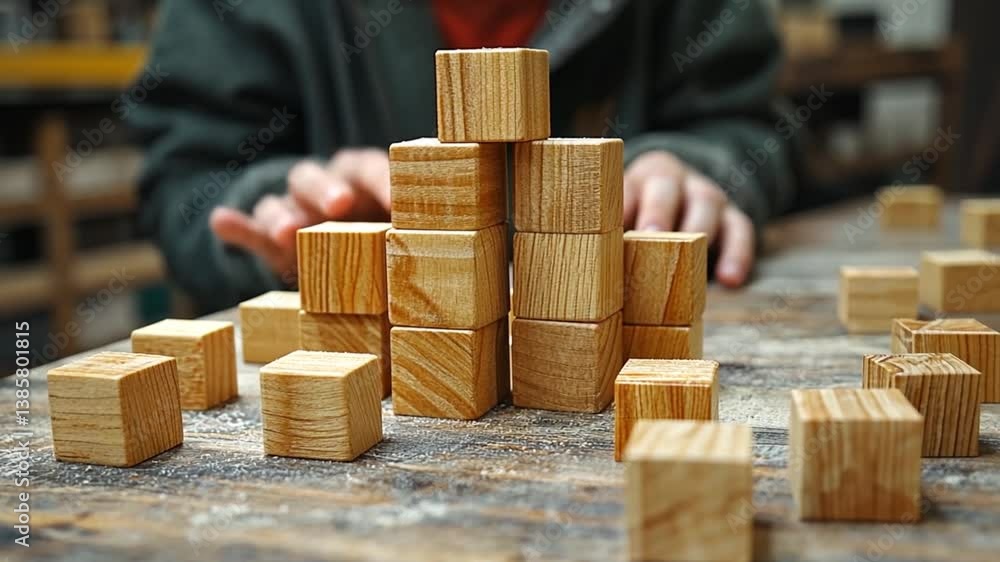 Hands building wooden block tower on workbench