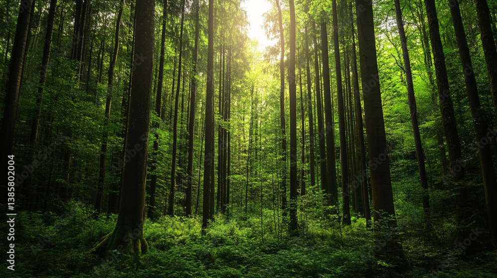 Fototapeta premium The dense green forest thrives with towering trees, offering a peaceful sanctuary for wildlife.