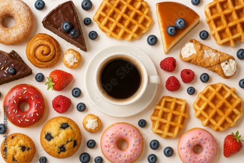 Delightful Assortment of Desserts and Coffee on a Table With Fresh Fruits and...