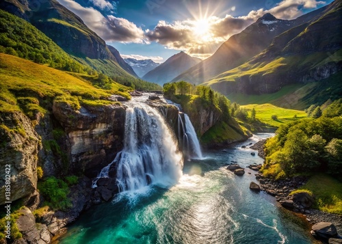 Majestic Norwegian Waterfall cascading into a pristine lake - Aerial View