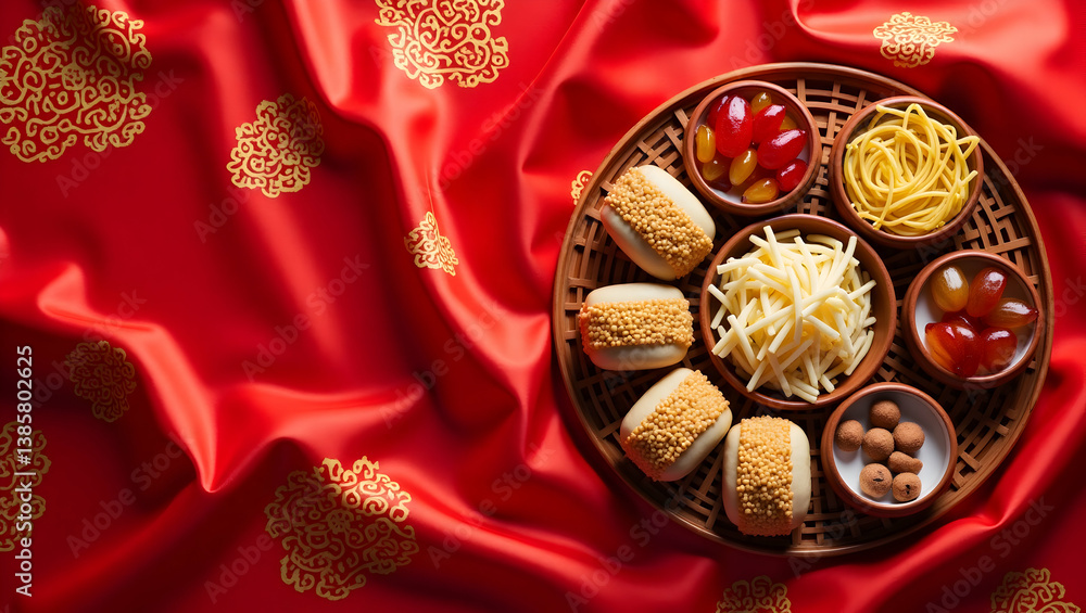 Fototapeta premium A Vibrant Flatlay Photograph Showcasing Traditional Lunar New Year Delicacies with Buns, Noodles, and Candied Fruits Set Against a Festive Red Silk Cloth