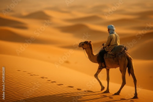 Camel Rider Traverses Golden Sand Dunes During Sunset in Vast Desert Landscape