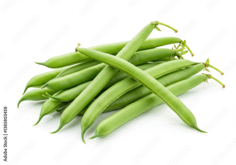 A pile of fresh green beans isolated on a white background in a studio setting with bright lighting A pile of fresh green beans isolated on a white background in a studio setting with bright lighting