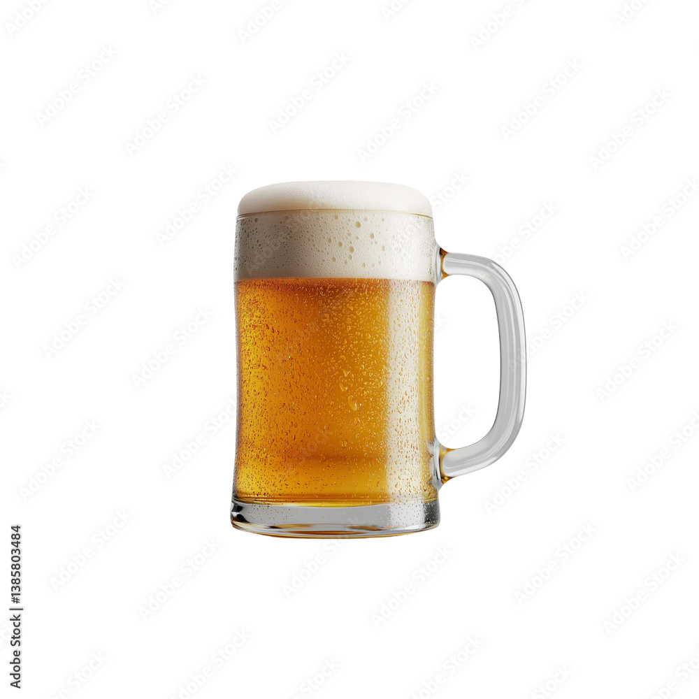 A frosty mug of beer filled with golden liquid and a creamy head, condensation droplets on the glass surface. A frosty mug of beer filled with golden liquid and a creamy head, condensation droplets on the glass surface.