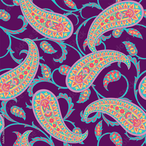 Turkish Cucumber Paisley. Seamless vector pattern in traditional oriental style with flowers, leaves and fantasy elements. Fabric and wallpaper cover