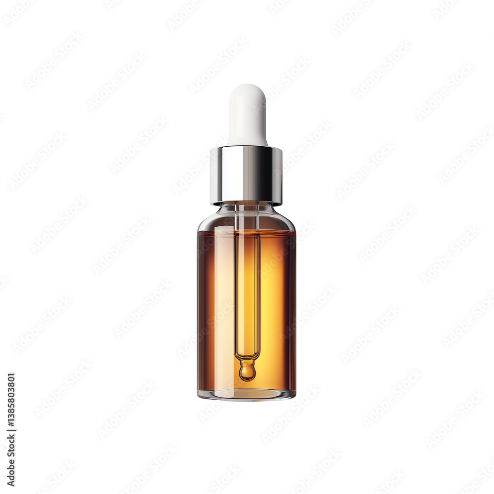 A clear glass dropper bottle filled with a golden liquid, featuring a white dropper cap. A clear glass dropper bottle filled with a golden liquid, featuring a white dropper cap.