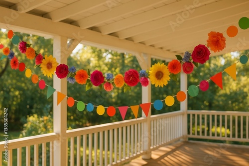 Colorful Floral Decorations and Banners Adorn a Sunny Porch Setting for a Fes...