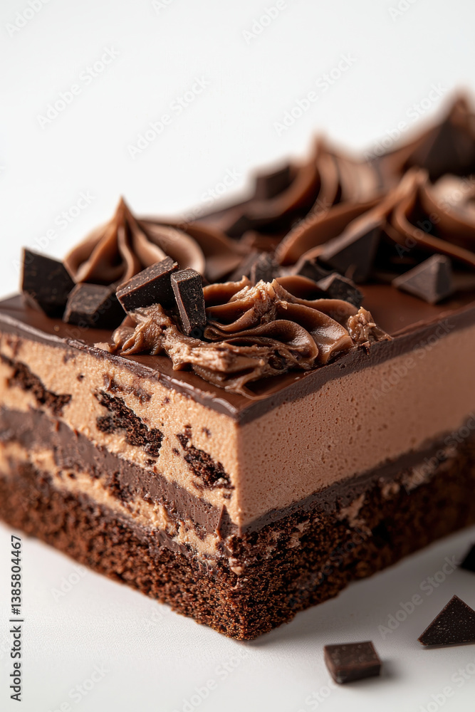 Decadent chocolate opera cake with layers of mousse, ganache, and sponge Decadent chocolate opera cake with layers of mousse, ganache, and sponge