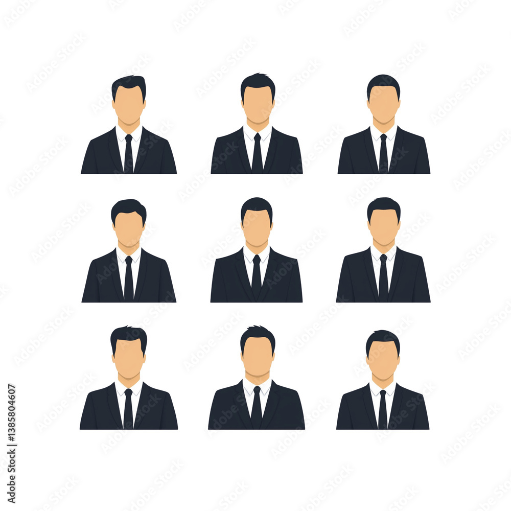 A grid of stylized male figures in suits, each with a neutral expression, arranged in a 3x3 layout. A grid of stylized male figures in suits, each with a neutral expression, arranged in a 3x3 layout.