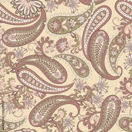 Paisley vector seamless pattern. Fantastic flower, leaves. Textile bohemian print. Batik painting. Vintage