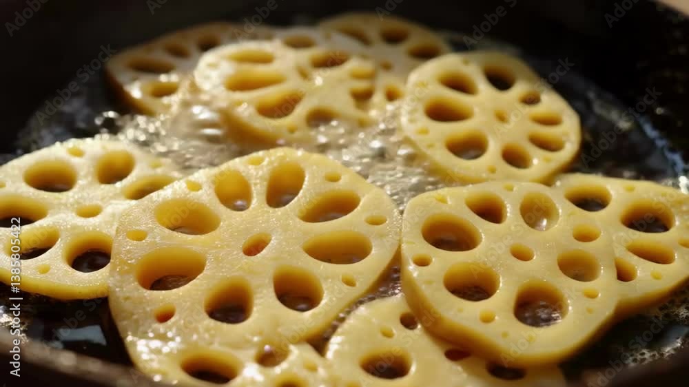 Fried lotus root slices bubbling in a pan, showcasing their unique, intricate patterns during the cooking process Fried lotus root slices bubbling in a pan, showcasing their unique, intricate patterns during the cooking process