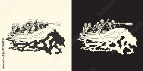 Vector illustration of a rafting team. Water sports, summer sports, river rafting. (02)