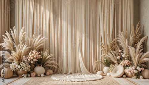 The image showcases a beautifully decorated backdrop for photography featuring pampas grass and floral arrangements with soft tones.