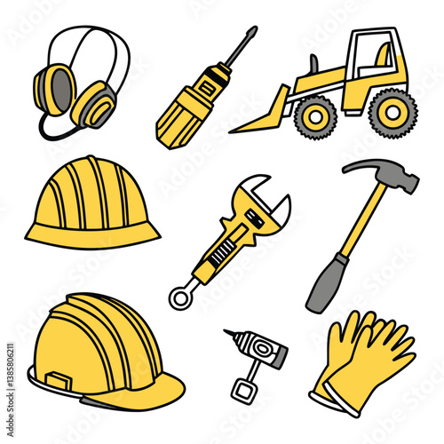 Construction Safety Gear and Tools Icons - Helmets, Gloves, Wrenches, and Machinery