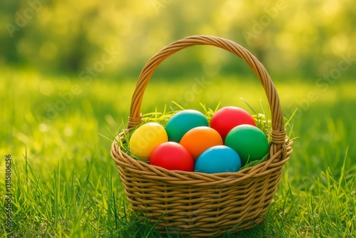 Colorful Easter Eggs in a Woven Basket Resting on Green Grass in a Sunlit Park