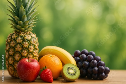 Colorful Arrangement of Fresh Fruit on a Wooden Surface in a Sunny Outdoor Se...