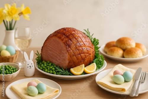 Festive Holiday Table Setting With Glazed Ham, Colorful Eggs, and Fresh Sprin...