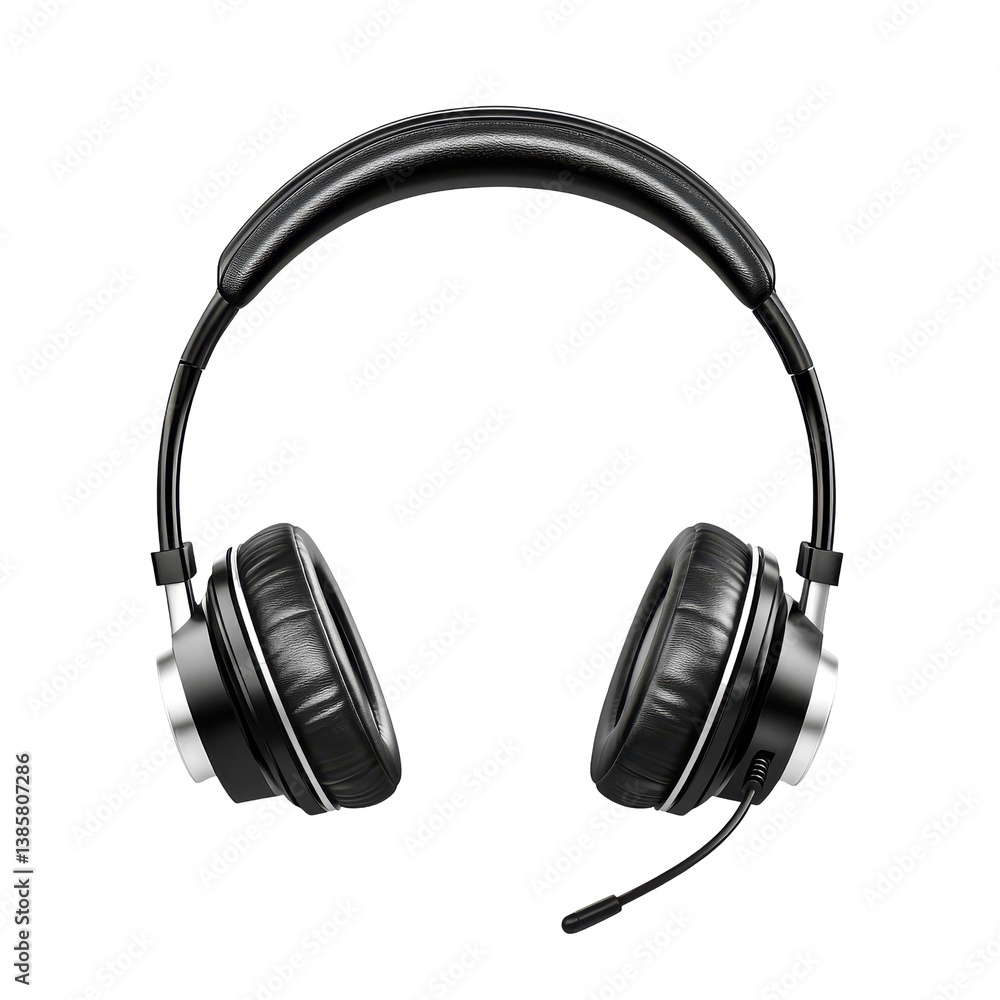 Black headset with microphone isolated on black background isolated on transparent background Black headset with microphone isolated on black background isolated on transparent background