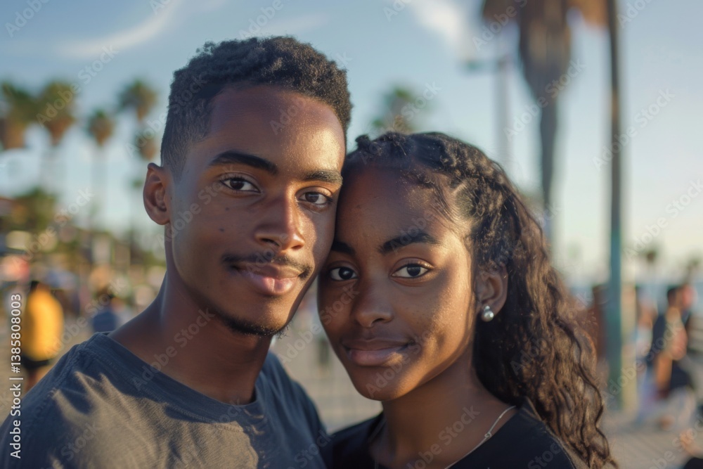 Portrait of a young African American couple on the boardwalk in Los Angeles Portrait of a young African American couple on the boardwalk in Los Angeles