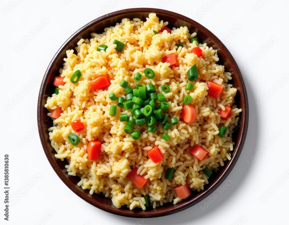 Egg fried rice with vegetables and green onions in a round bowl Generative AI Egg fried rice with vegetables and green onions in a round bowl Generative AI