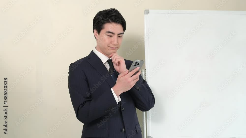 スマホを見る日本人男性 スマホを見る日本人男性
