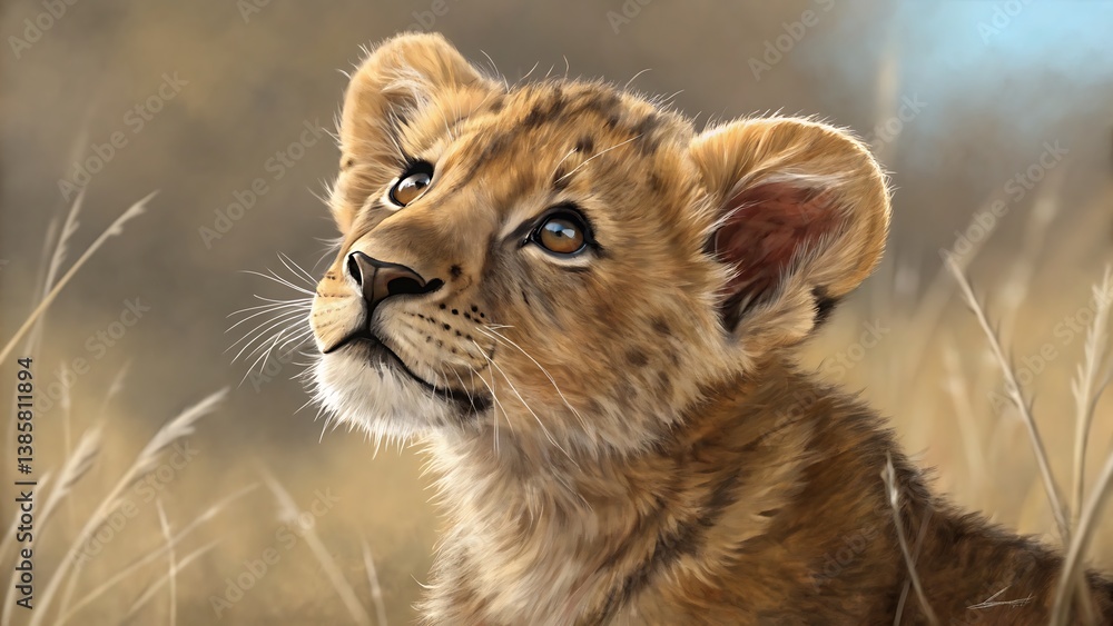 Fototapeta premium Adorable baby lion cub looking up in golden savanna grass, wildlife portrait