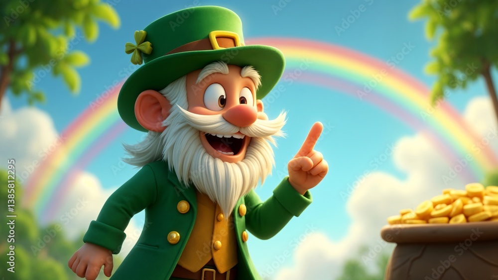 A cartoon leprechaun pointing at a pot full of gold coins. A cartoon leprechaun pointing at a pot full of gold coins.